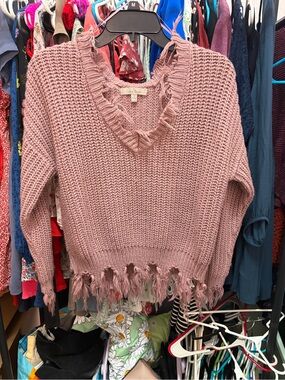 Love Tree Distressed V-Neck Sweater - Mauve